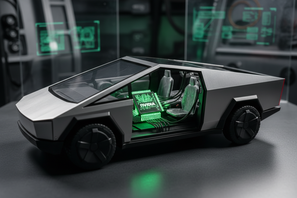 mini cybertruck showing inside it an nvidia ai chip that runs the car